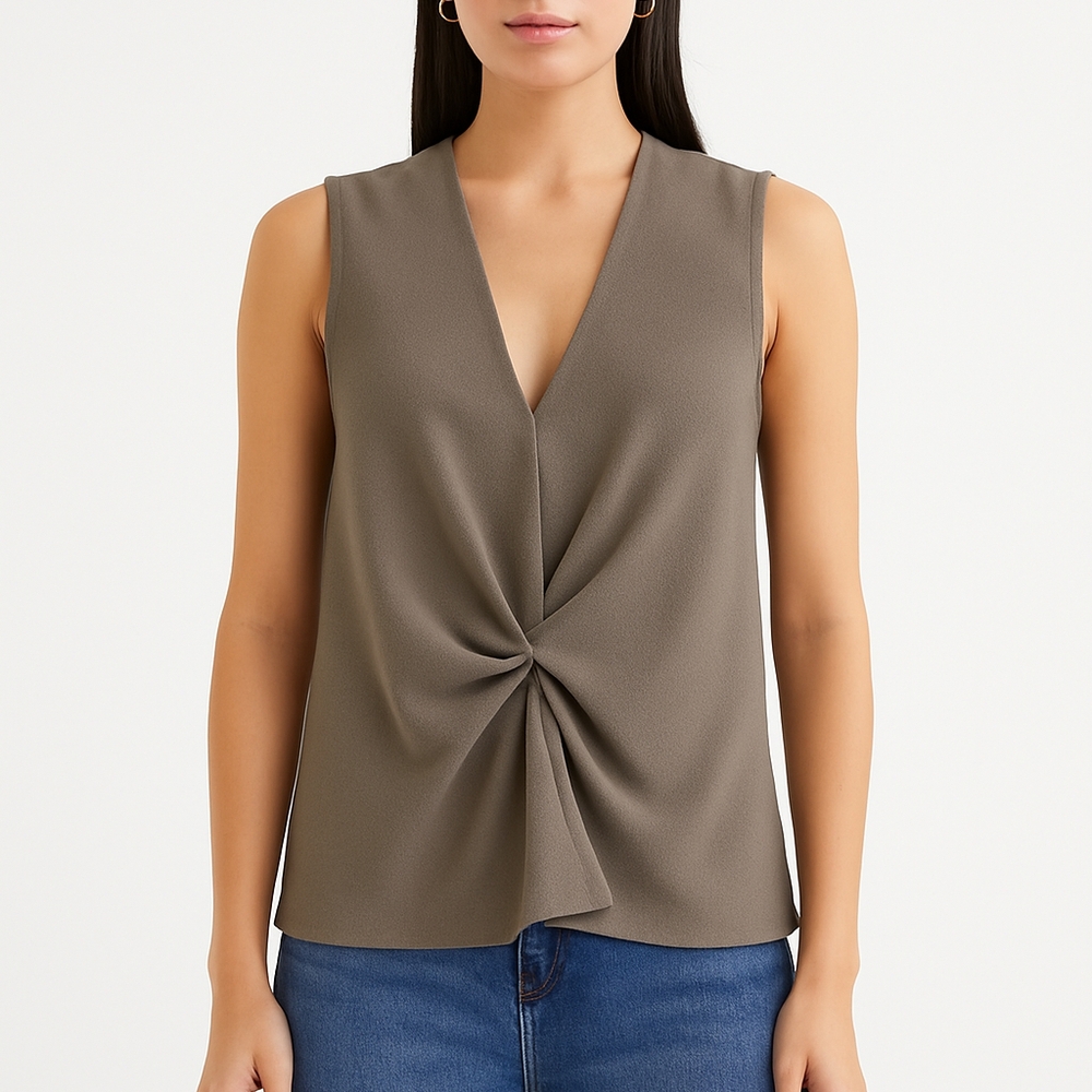 Topshop Sleeveless Twist-Front Blouse – Taupe Grey-Brown / Earthy Khaki